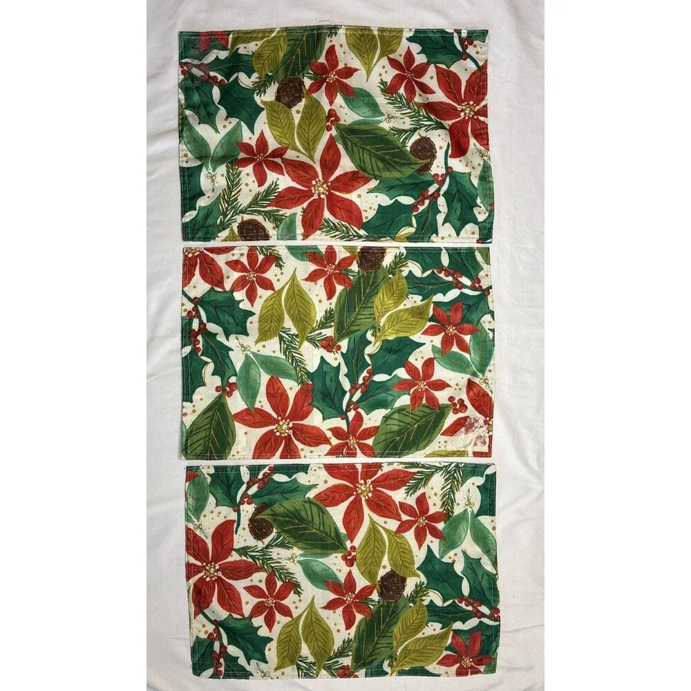 Christmas Poinsettia Reversible Woven Placemats Set of 3 Holiday Festive Winter